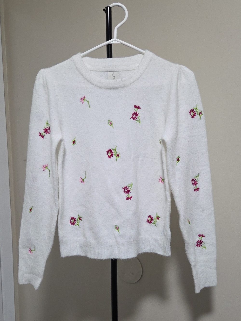 Joie Cream Crewneck Sweater with Pink Floral Embroidery